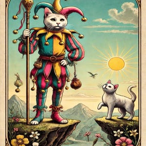 The Fool Cat Tarot Print – Vintage Jester Cat Art Nouveau Style Digital Download (A4)