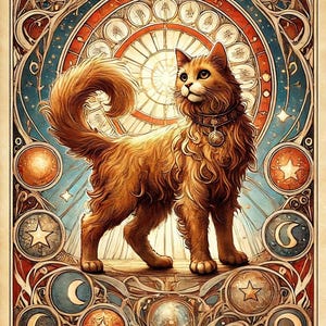 Mystic Amber Cat – Art Nouveau Digital Print | Whimsical Celestial Cat Tarot Poster | A4 Wall Art for Cat Lovers & Decor