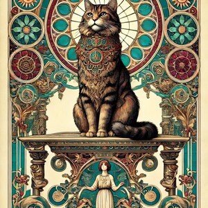 Regal Tabby Cat Tarot Art – Art Nouveau Printable Wall Decor – Digital Download
