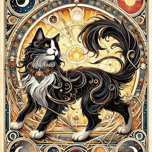 Celestial Whiskers: Mystical Black and White Cat Tarot Art Print
