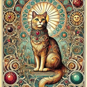 Mystical Tabby Cat Tarot Print – Art Nouveau Digital Wall Art – Majestic A4 Download for Cat Lovers