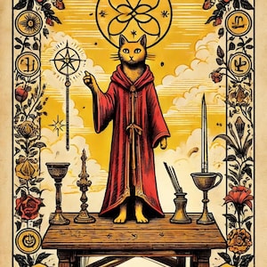 The Magician Cat Tarot Print – Mystical Yellow Art Nouveau Decor – Digital A4 Download
