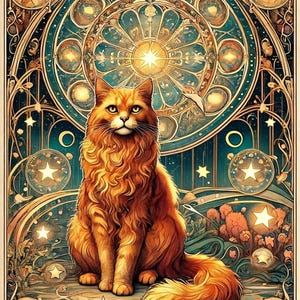 Mystical Orange Tabby Cat Tarot Art Print – Celestial Art Nouveau Wall Decor – Digital Download A4 Printable Poster