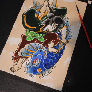 Japanese Samurai/Koi. High Quality Tattoo Print A4