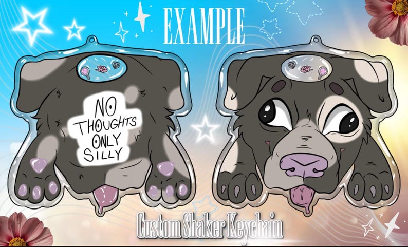 May include: Custom shaker keychain featuring a cartoon dog with a gray and white coat. The keychain has the text "NO THOUGHTS ONLY SILLY" and a clear border. The dog has a pink tongue and nose.