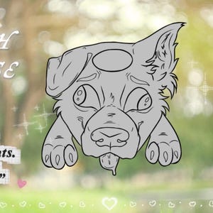 May include: A grayscale cartoon dog illustration with the text "YCH POSE" and "No Thoughts. Only Silly." The dog has a goofy expression with its tongue hanging out. The background is a blurred green and yellow.