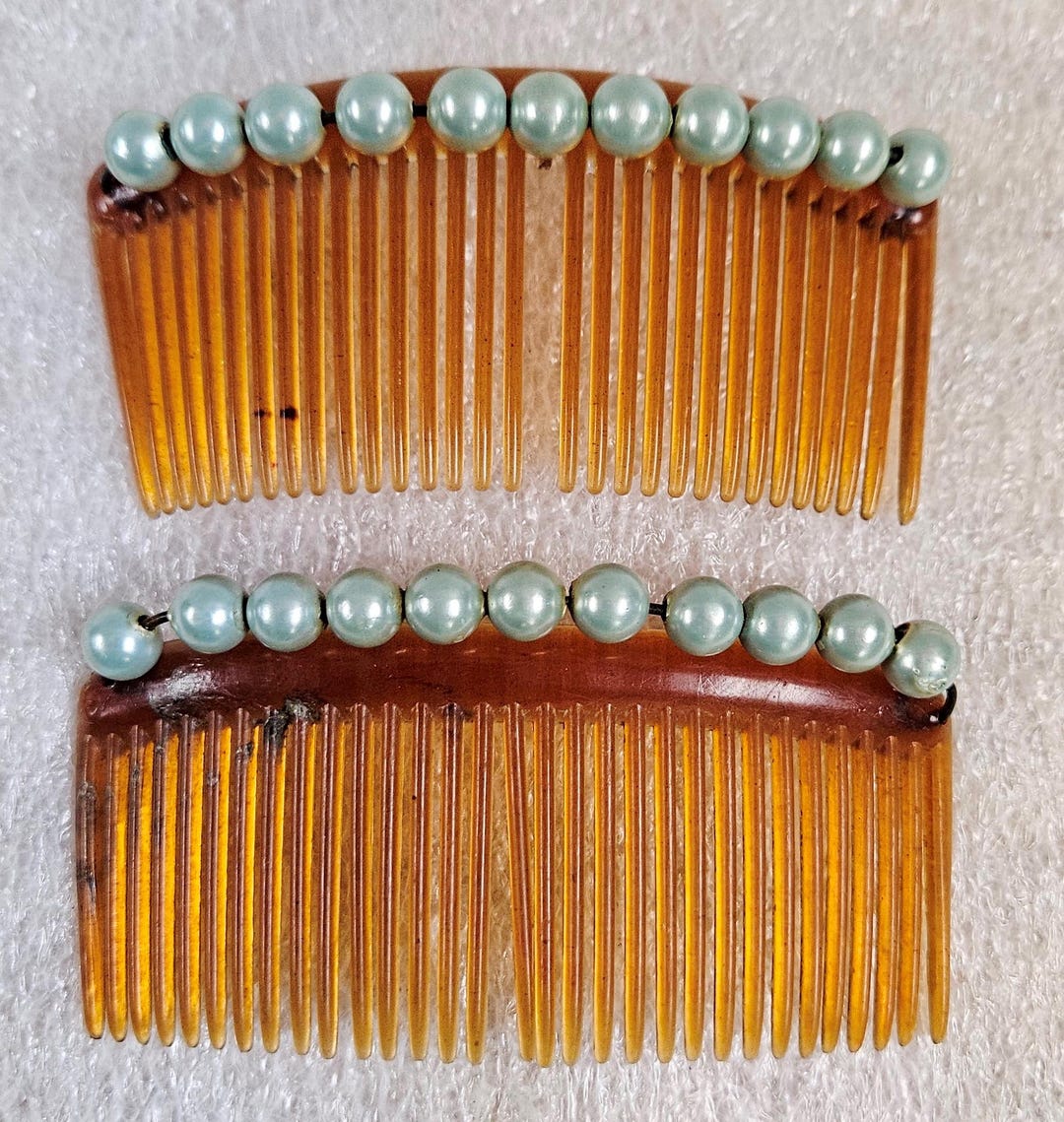 Vintage Hair Accessories Two Hair Combs Beaded Faux Pearl White Brown ...