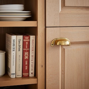 Puede incluir: Un mueble de madera clara con un tirador de latón. El mueble tiene una pila de platos blancos en un estante encima de un estante con libros. Los libros tienen títulos en un idioma extranjero.