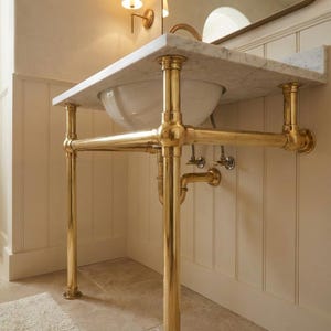 Messing Waschbecken Konsolen Basis: Polierter Massiver Messing Waschtisch Rahmen für Marmor Waschtischplatte, Vintage Waschbecken Beine