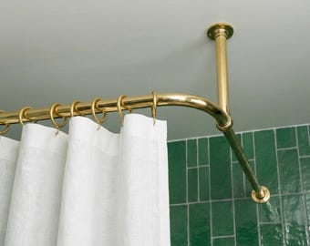 Brass Corner Shower Curtain Rod: Ceiling Support L-Shaped Bathroom Rail for Walk-In Showers