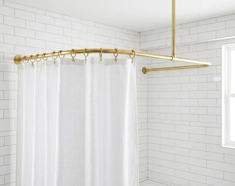 Unlacquered Brass Ceiling Support U-Shaped Bathroom Rail for Walk-In Showers: Oval Corner Shower Curtain Rod