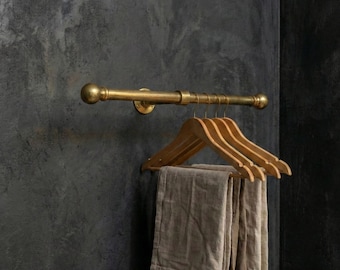 Barra de ropa de latón sin lacar para montaje en pared: barra industrial vintage para colgar ropa en el armario