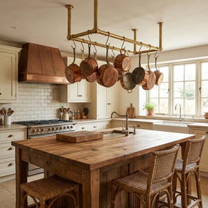May include: A kitchen with a rustic wooden island and woven bar stools. Copper pots hang from a brass pot rack above the island. A copper range hood is above a stainless steel stove. The cabinets are cream-colored.