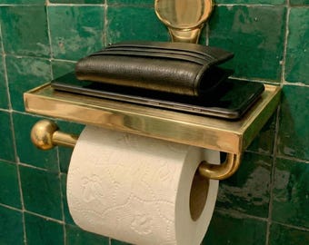 Suporte de papel higiênico de latão: suporte de rolo de parede antigo sem laca com prateleira para telefone