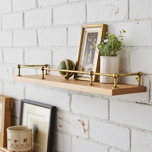 Unlacquered Brass Gallery Rail Shelf: Solid Wood Floating Shelf