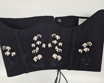 Black Cotton Flower Linen Corset Belt Floral Embroidered Boho Chic Style Summer Clothing Outfit for Woman