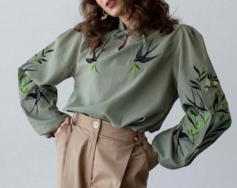 Swallows Linen Blouse Olive Green Embroidered Floral Birds Shirt Boho Chic Top Bohemian Peasant Outfit for Woman
