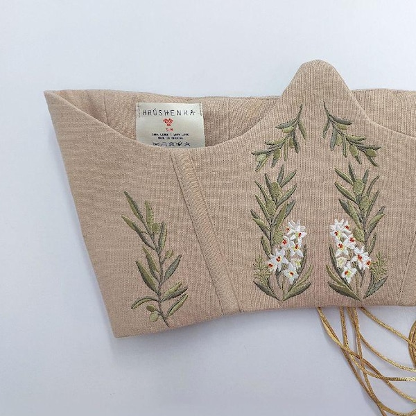 Olives Floral Linen Corset Belt Embroidered Boho Chic Style Peasant Black Top Aesthetic Outfit Clothing for Woman