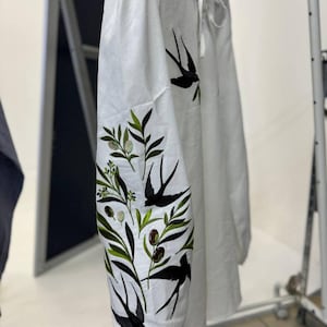 Swallows Linen Blouse Olive Green Embroidered Floral Birds Shirt Boho Chic Top Bohemian Summer Clothing Peasant Outfit for Woman image 9