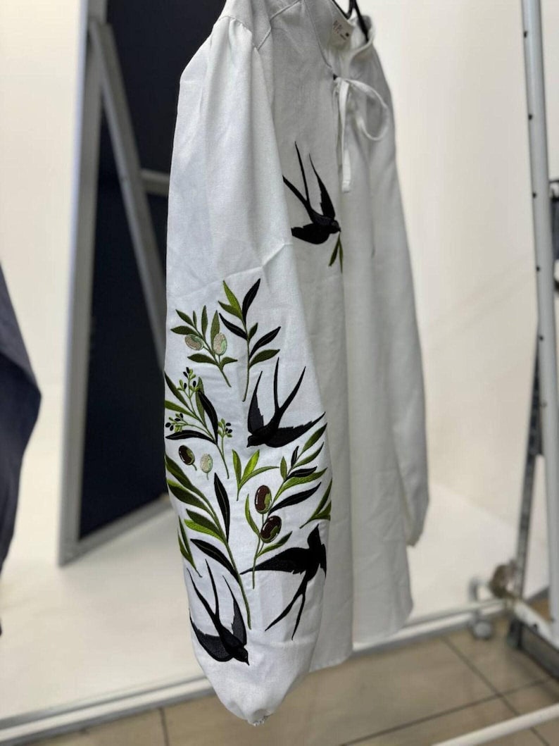 Swallows Linen Blouse Olive Green Embroidered Floral Birds Shirt Boho Chic Top Bohemian Summer Clothing Peasant Outfit for Woman image 9