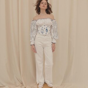 Linen Corset Linen with Sleeves Long Puffy Floral Top Belt Ethnic Ornament Embroidered Boho Peasant Cottagecore Outfit for Woman image 8