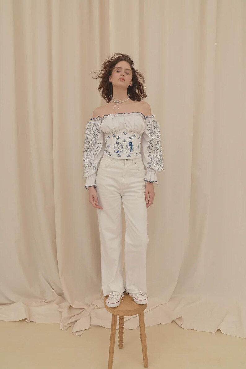Linen Corset Linen with Sleeves Long Puffy Floral Top Belt Ethnic Ornament Embroidered Boho Peasant Cottagecore Outfit for Woman image 8