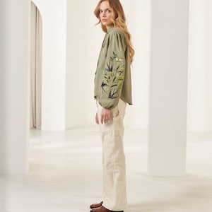 Swallows Linen Blouse Olive Green Embroidered Floral Birds Shirt Boho Chic Top Bohemian Summer Clothing Peasant Outfit for Woman image 3