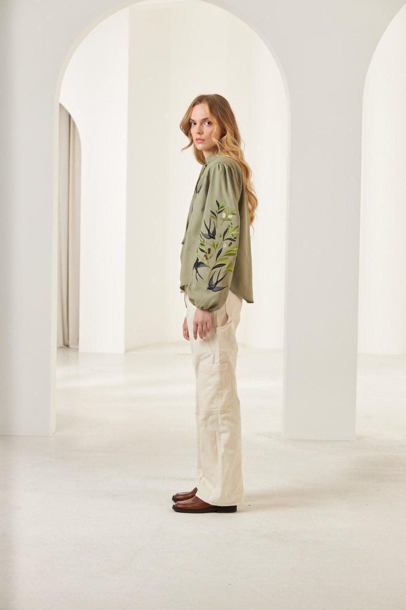 Swallows Linen Blouse Olive Green Embroidered Floral Birds Shirt Boho Chic Top Bohemian Summer Clothing Peasant Outfit for Woman image 3