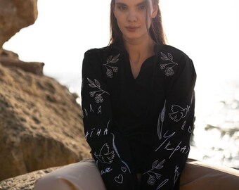 Black & White Linen Blouse Ethnics Ukrainian Style Embroidered Floral Ornament Symbols Shirt Peasant Outfit for Woman