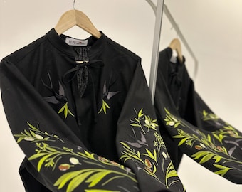 Black Swallows Linen Blouse Embroidered Floral Birds Shirt Boho Chic Top Bohemian Peasant Outfit for Woman