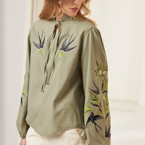 Swallows Linen Blouse Olive Green Embroidered Floral Birds Shirt Boho Chic Top Bohemian Summer Clothing Peasant Outfit for Woman image 4