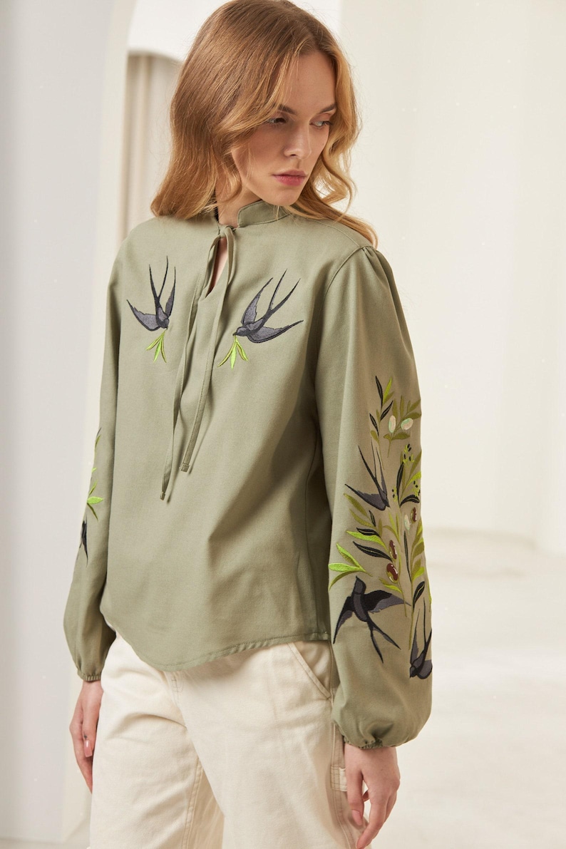 Swallows Linen Blouse Olive Green Embroidered Floral Birds Shirt Boho Chic Top Bohemian Summer Clothing Peasant Outfit for Woman image 4