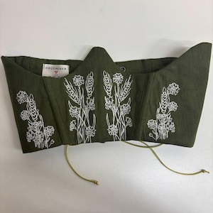 Dark Green & White Corset with Spikelet - Linen Underbust Belt - Floral Embroidered - Ethnic Peasant - Woman Summer Clothing