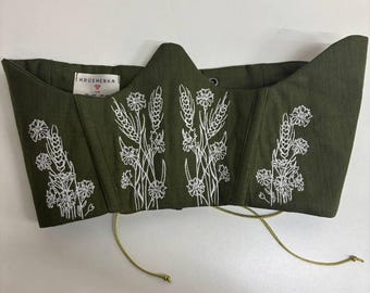 Dark Green & White Corset with Spikelet - Linen Underbust Belt - Floral Embroidered - Ethnic Peasant - Woman Summer Clothing