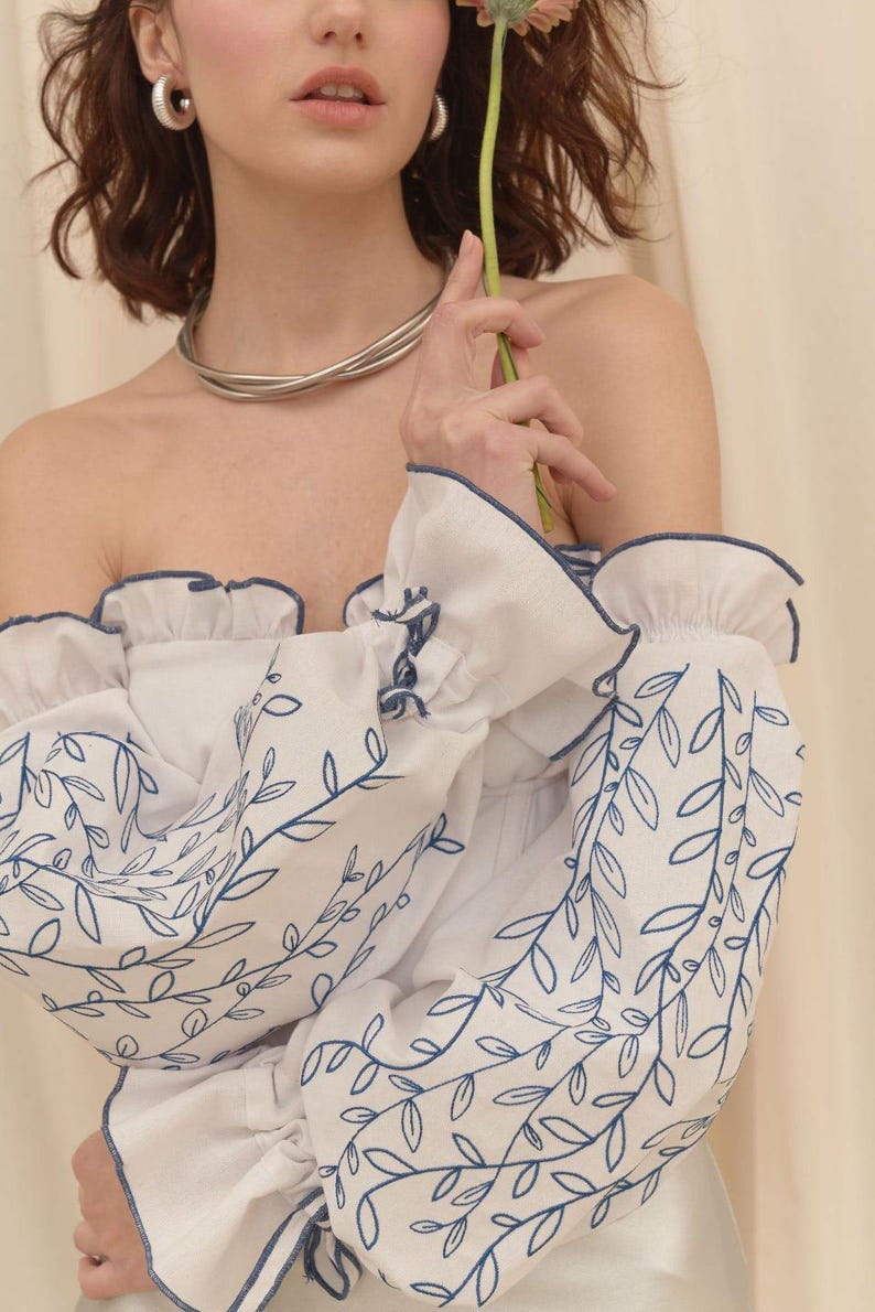 Linen Corset Linen with Sleeves Long Puffy Floral Top Belt Ethnic Ornament Embroidered Boho Peasant Cottagecore Outfit for Woman image 6