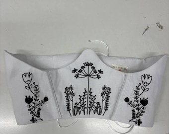 White Floral Linen Corset Top Belt Embroidered Boho Chic Handmade Peasant Ethnic Spikelet Summer Clothing for Woman