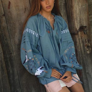 Stork & Pears Blue Linen Blouse Embroidered Floral and Heron Birds Shirt Boho Chic Top Bohemian Peasant Outfit for Woman