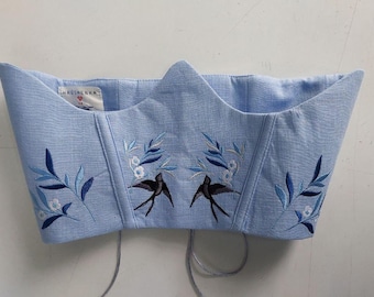 Blue Linen Corset with Bird Swallows Top Belt Floral Embroidered Boho Chic Peasant Fairy Summer Clothing for Woman