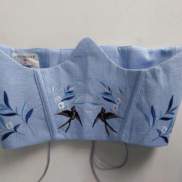 Blue Linen Corset with Bird Swallows Top Belt Floral Embroidered Boho Chic Peasant Fairy Summer Clothing for Woman