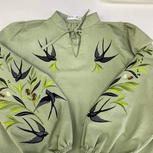 Swallows Linen Blouse Olive Green Embroidered Floral Birds Shirt Boho Chic Top Bohemian Summer Clothing Peasant Outfit for Woman image 6