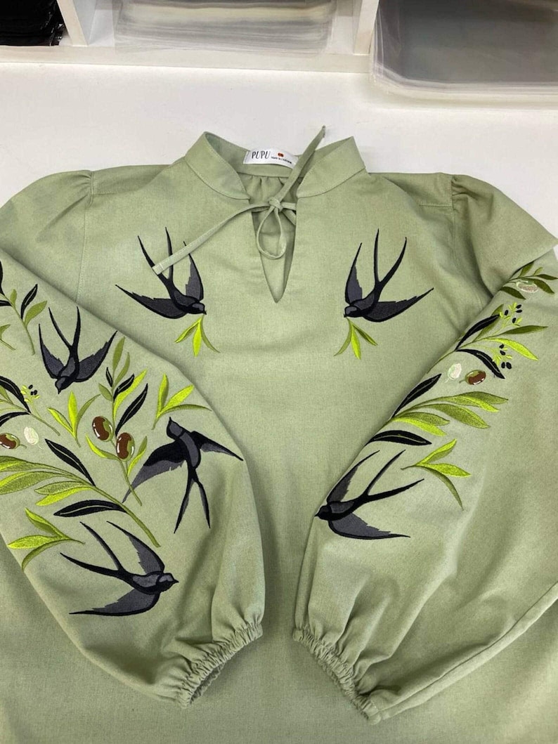 Swallows Linen Blouse Olive Green Embroidered Floral Birds Shirt Boho Chic Top Bohemian Summer Clothing Peasant Outfit for Woman image 6