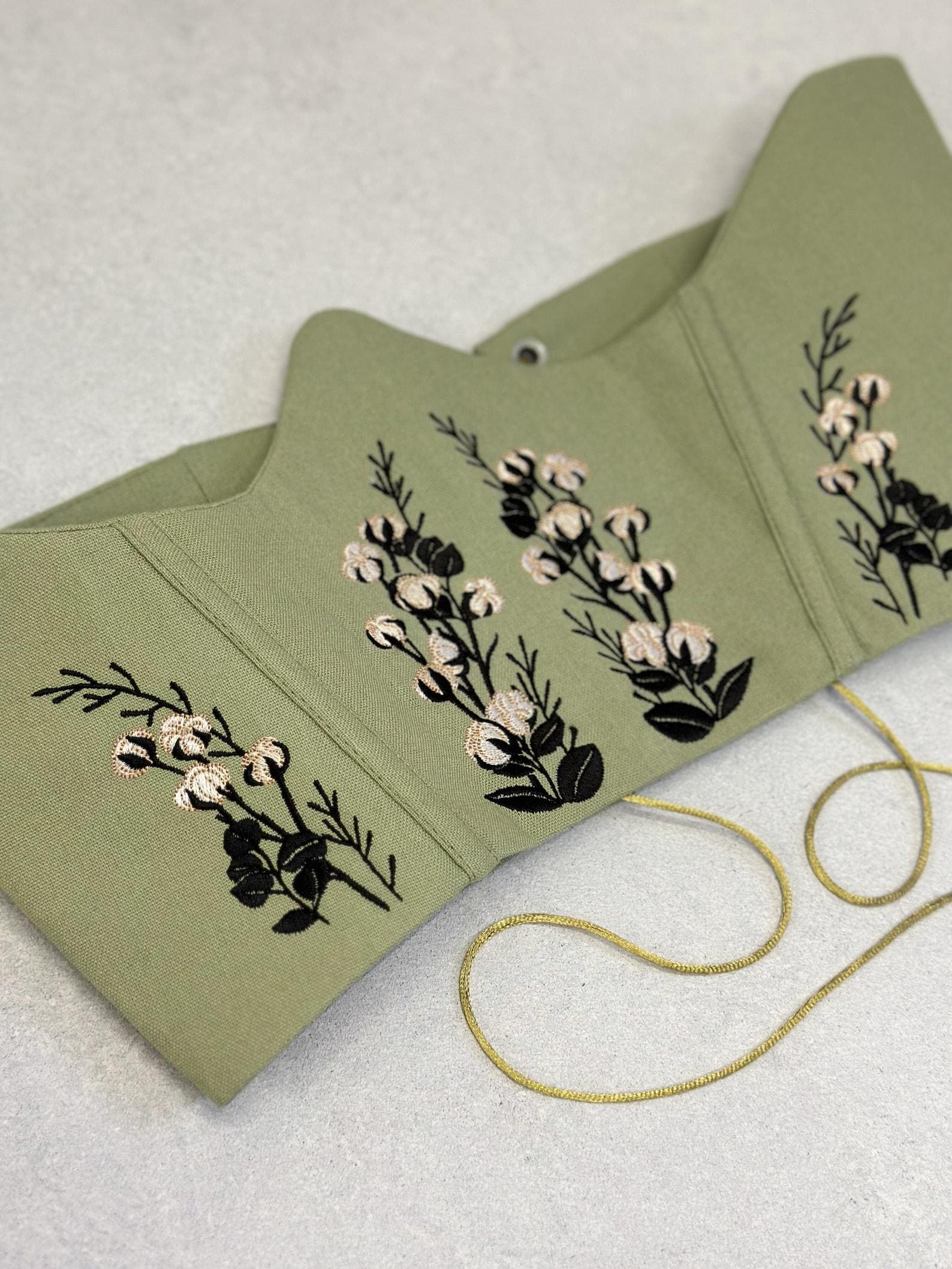 Cotton Flower Linen Corset Light Green Olive Belt Floral Embroidered Boho Chic Style Handmade Summer Clothing for Woman