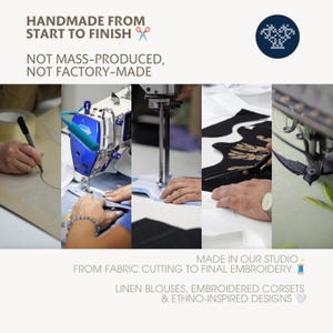 The image is a collage of various stages of the handmade process, including fabric cutting, sewing, and embroidery. It showcases the craftsmanship involved in creating handmade garments, such as linen blouses, embroidered corsets, and ethno-inspired designs. The collage emphasizes the importance of handmade products and the attention to detail that goes into their creation.
