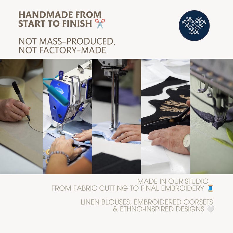 The image is a collage of various stages of the handmade process, including fabric cutting, sewing, and embroidery. It showcases the craftsmanship involved in creating handmade garments, such as linen blouses, embroidered corsets, and ethno-inspired designs. The collage emphasizes the importance of handmade products and the attention to detail that goes into their creation.