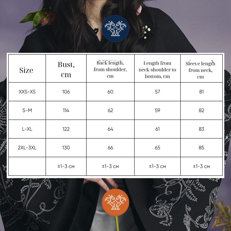 May include: Black garment with white floral embroidery. A size chart shows bust measurements from 106 cm to 130 cm, back lengths from 60 cm to 66 cm, neck-to-bottom lengths from 57 cm to 65 cm, and sleeve lengths from 81 cm to 85 cm.