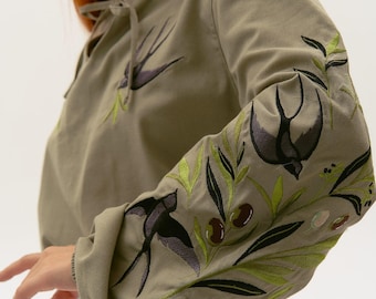 Light Green Linen Swallows Blouse Embroidered Floral Birds Ethnic Shirt Boho Chic Top Bohemian Peasant Outfit for Woman