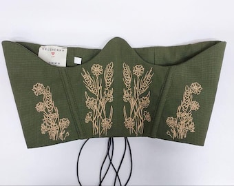 Corsé verde oscuro con espiga - Cinturón de lino bajo el busto - Bordado floral estilo boho para verano - Ropa étnica campesina de verano para mujer