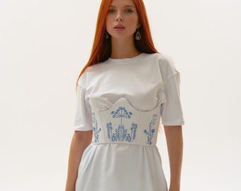 White Floral Linen Corset Top Belt Embroidered Boho Chic Handmade Peasant Ethnic Spikelet Summer Clothing for Woman