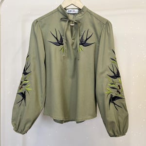 Black Swallows Linen Blouse Embroidered Floral Birds Shirt Boho Chic Top Bohemian Peasant Outfit for Woman image 6