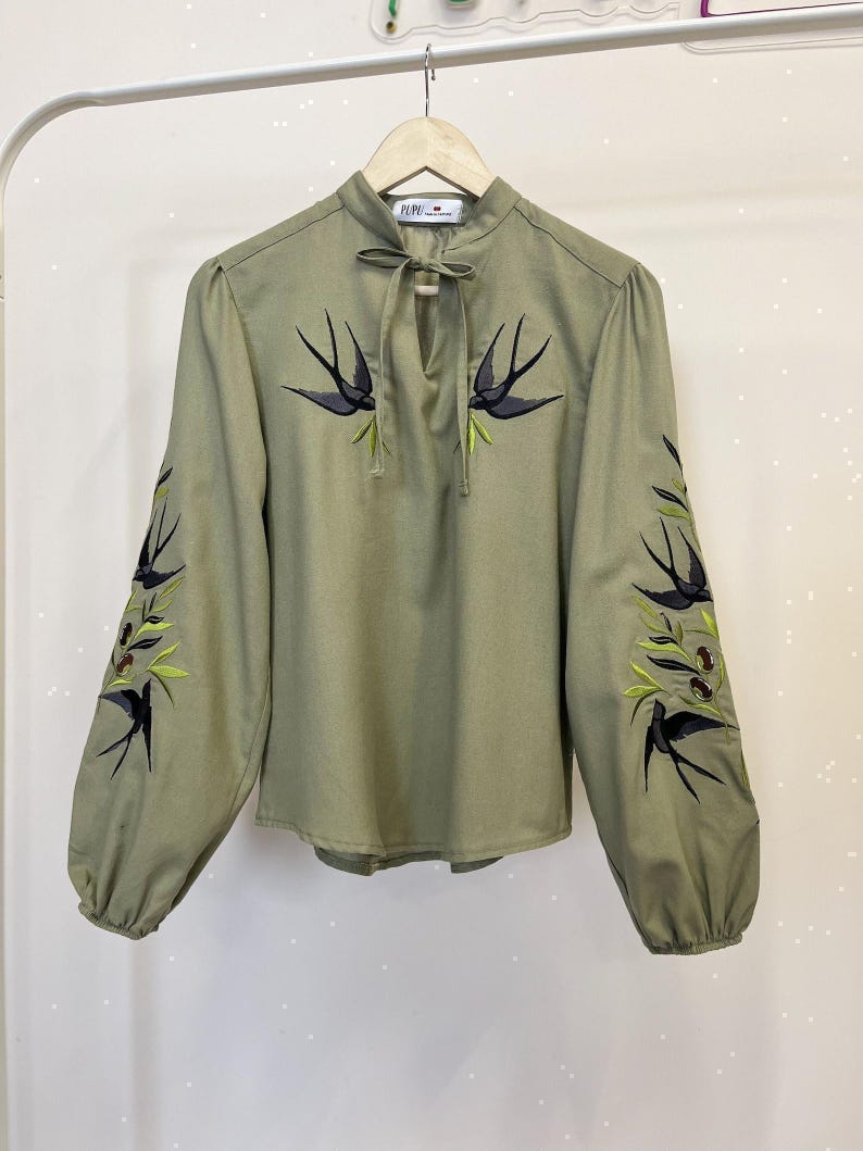 Black Swallows Linen Blouse Embroidered Floral Birds Shirt Boho Chic Top Bohemian Peasant Outfit for Woman image 6
